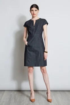 Elie Tahari Denim Fit & Flare Zip Dress- Dresses & Jumpsuits|Short Sleeve Dresses