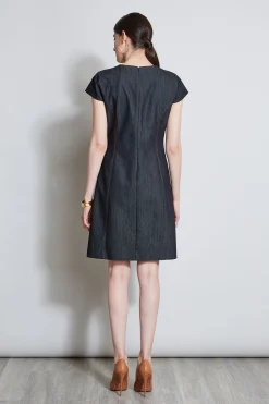 Elie Tahari Denim Fit & Flare Zip Dress- Dresses & Jumpsuits|Short Sleeve Dresses