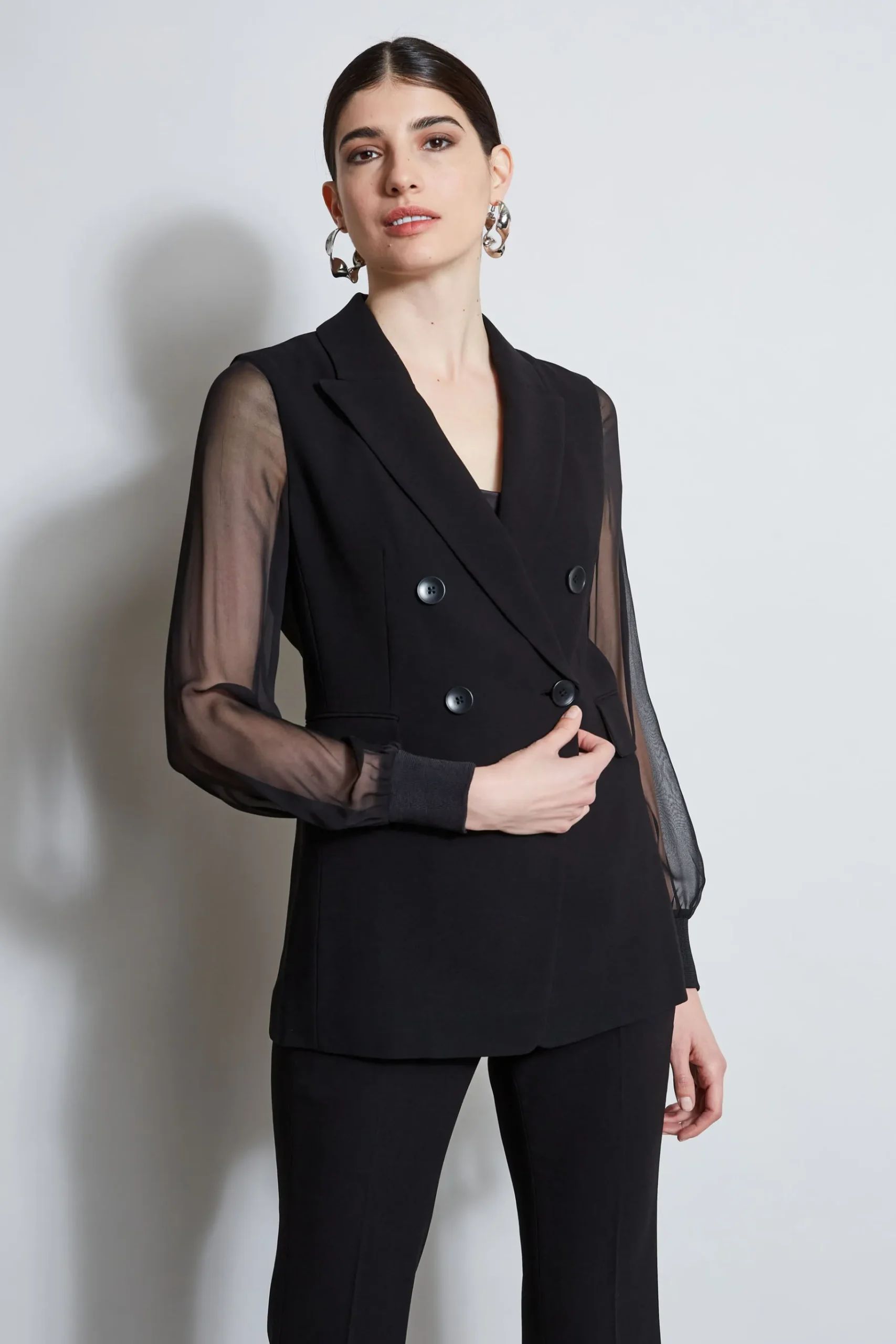 Elie Tahari Double Breasted Chiffon Sleeve Blazer- Jackets & Blazers
