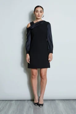 Elie Tahari Draped Satin Shoulder Dress- Dresses & Jumpsuits|Long Sleeve Dresses