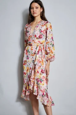 Elie Tahari Embroidered Floral Wrap Dress- Dresses & Jumpsuits|Long Sleeve Dresses