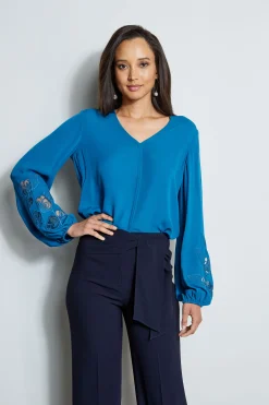 Elie Tahari Embroidered Long Sleeve Shirt- Tops & Sweaters