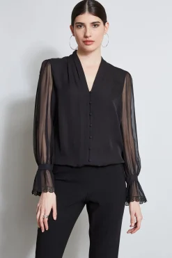 Elie Tahari Embroidered Sleeve Blouson Shirt- Tops & Sweaters