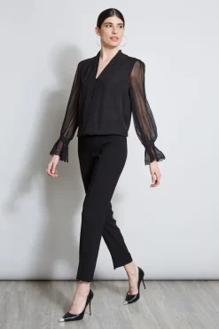 Elie Tahari Embroidered Sleeve Blouson Shirt- Tops & Sweaters