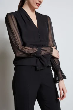 Elie Tahari Embroidered Sleeve Blouson Shirt- Tops & Sweaters