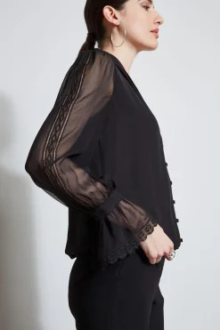 Elie Tahari Embroidered Sleeve Blouson Shirt- Tops & Sweaters