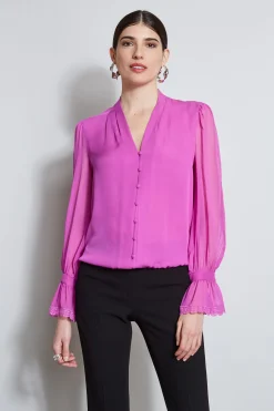 Elie Tahari Embroidered Sleeve Blouson Shirt- Tops & Sweaters