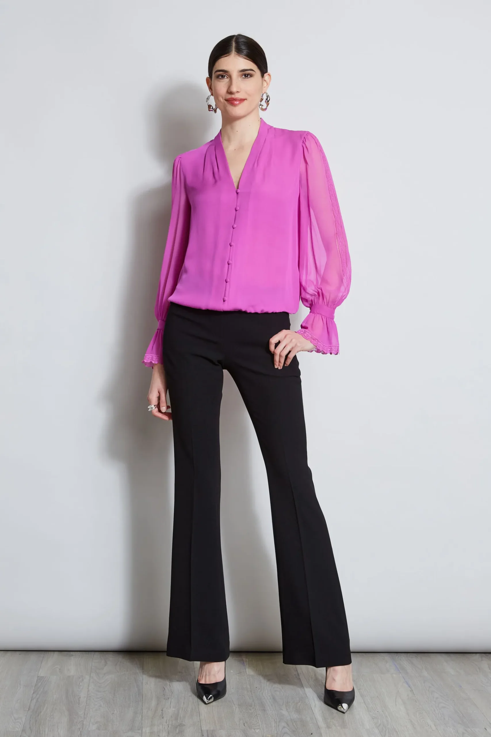 Elie Tahari Embroidered Sleeve Blouson Shirt- Tops & Sweaters