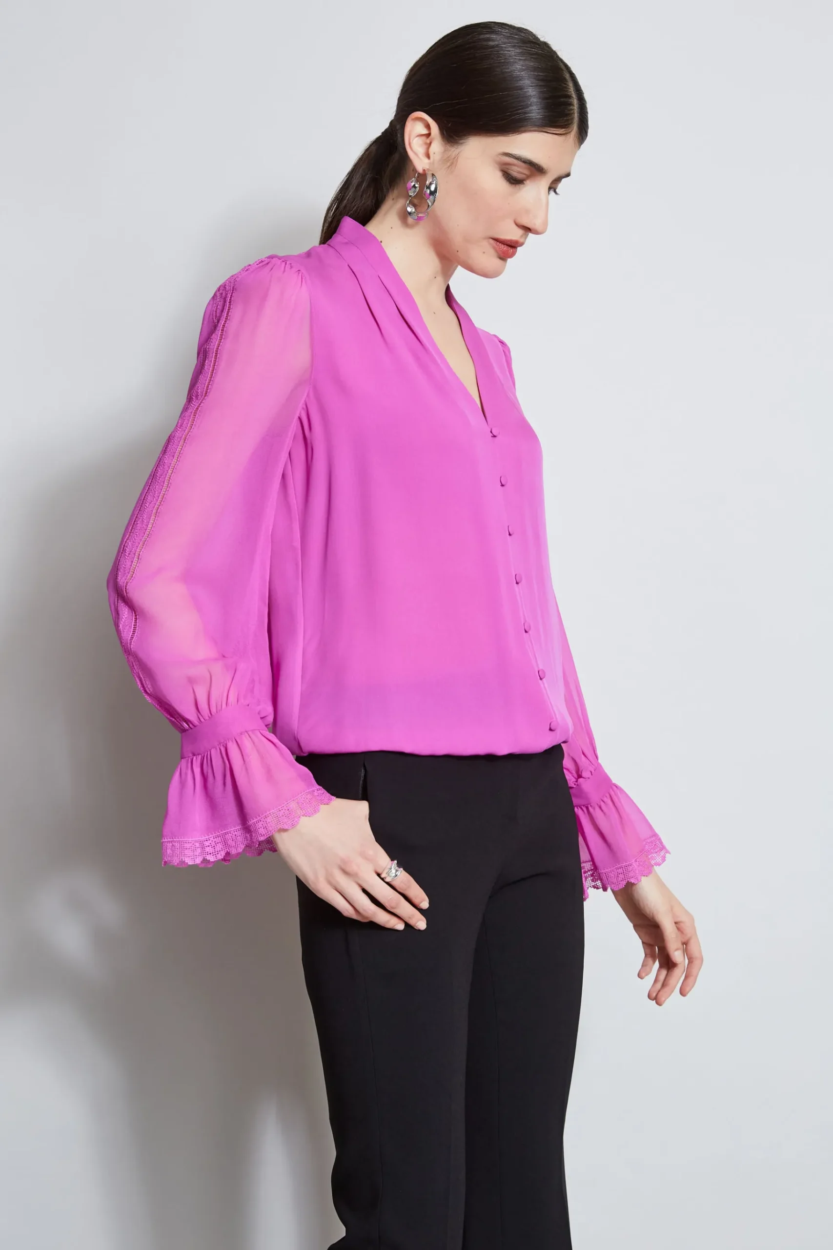 Elie Tahari Embroidered Sleeve Blouson Shirt- Tops & Sweaters