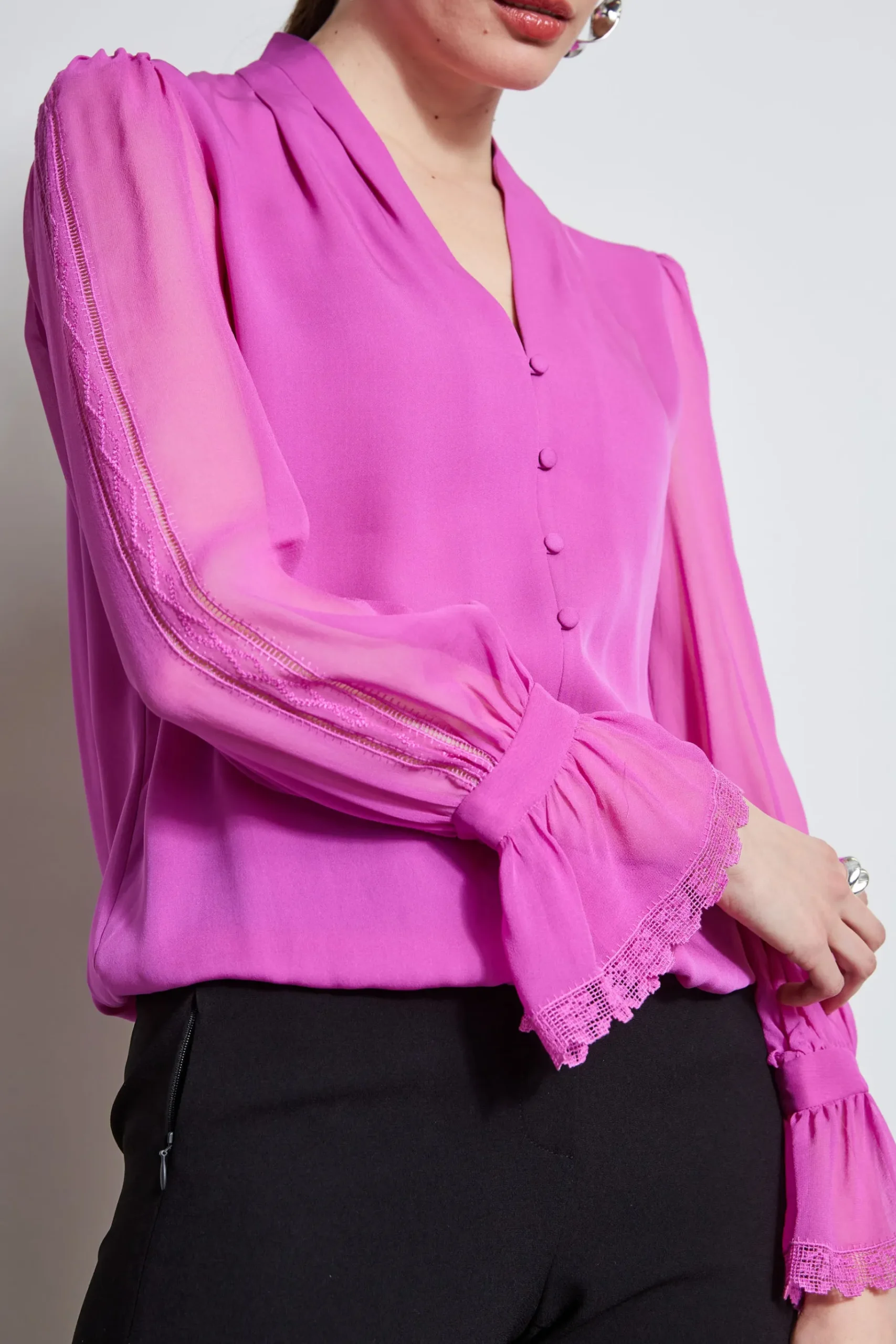 Elie Tahari Embroidered Sleeve Blouson Shirt- Tops & Sweaters