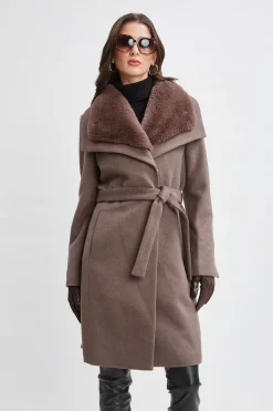 Elie Tahari Faux Fur Collar Wool Wrap Coat- Coats