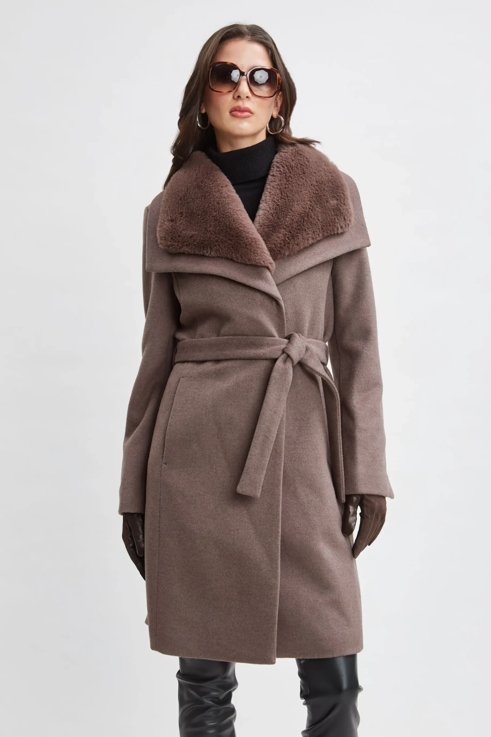 Elie Tahari Faux Fur Collar Wool Wrap Coat- Coats