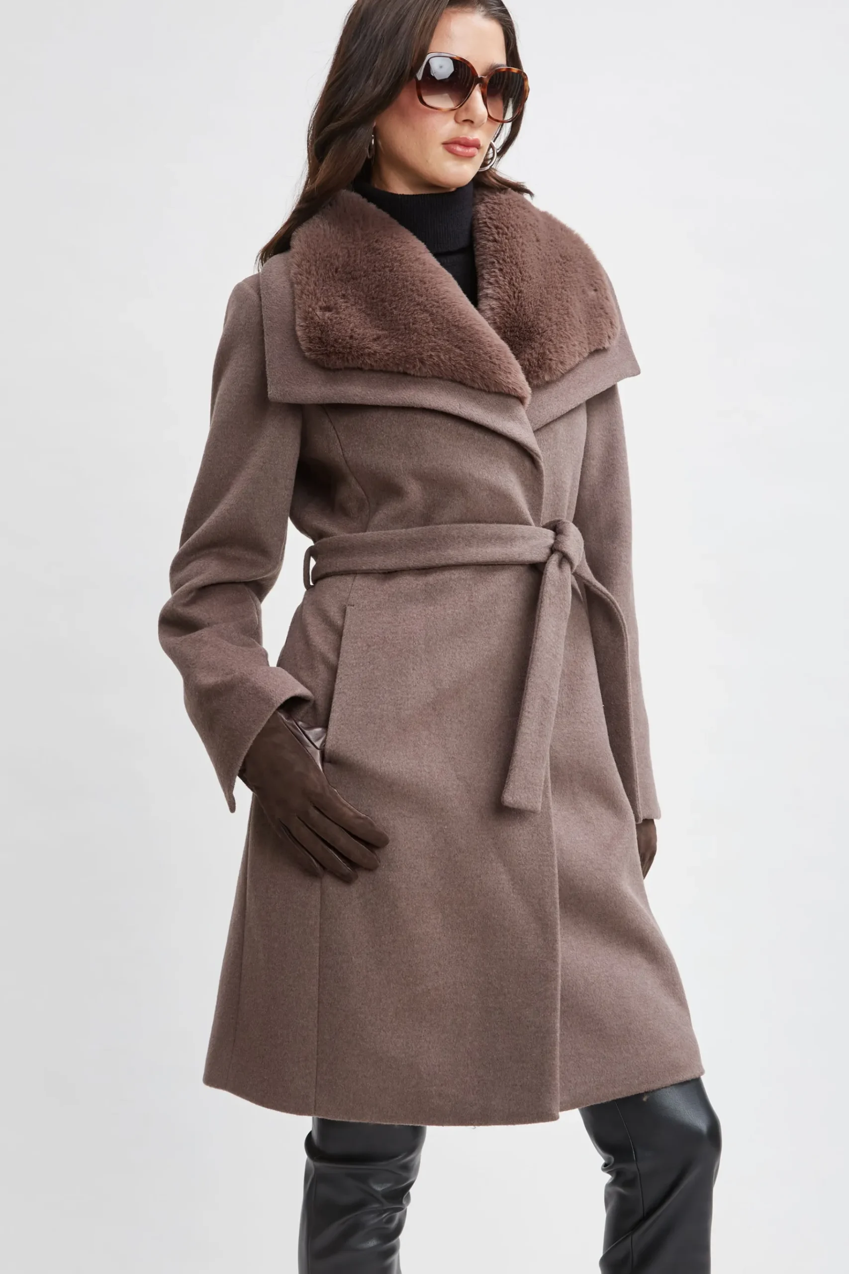 Elie Tahari Faux Fur Collar Wool Wrap Coat- Coats