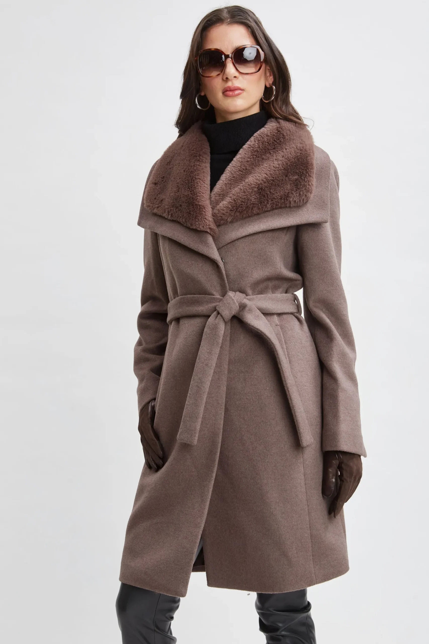Elie Tahari Faux Fur Collar Wool Wrap Coat- Coats