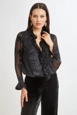 Elie Tahari Floral Satin Burnout Blouson Shirt- Tops & Sweaters