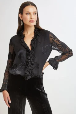Elie Tahari Floral Satin Burnout Blouson Shirt- Tops & Sweaters