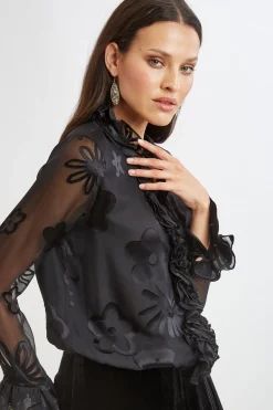 Elie Tahari Floral Satin Burnout Blouson Shirt- Tops & Sweaters