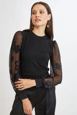 Elie Tahari Floral Satin Burnout Combo Knit- Tops & Sweaters