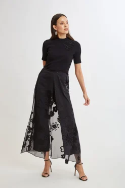Elie Tahari Floral Satin Burnout Overlay Pant- Bottoms