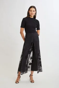 Elie Tahari Floral Satin Burnout Overlay Pant- Bottoms