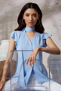 Elie Tahari Flutter Sleeve Tie Shirt- Tops & Sweaters