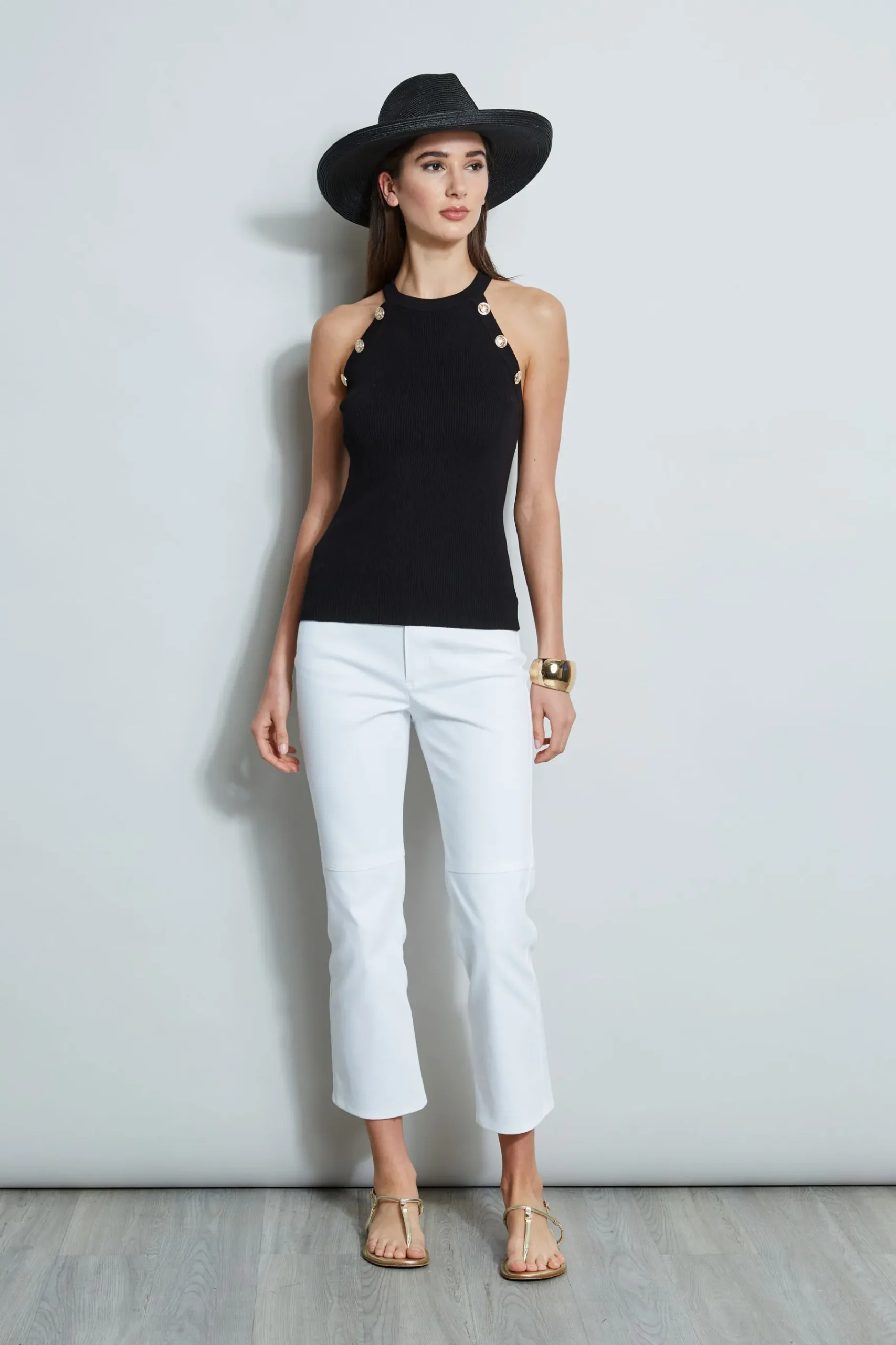 Elie Tahari Halter Button Rib Tank- Tops & Sweaters