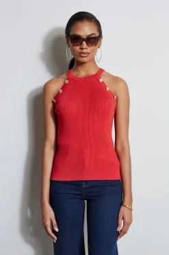 Elie Tahari Halter Button Rib Tank- Tops & Sweaters