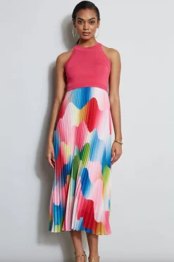 Elie Tahari Halter Pleated Print Midi Dress- Dresses & Jumpsuits|Midi Dresses