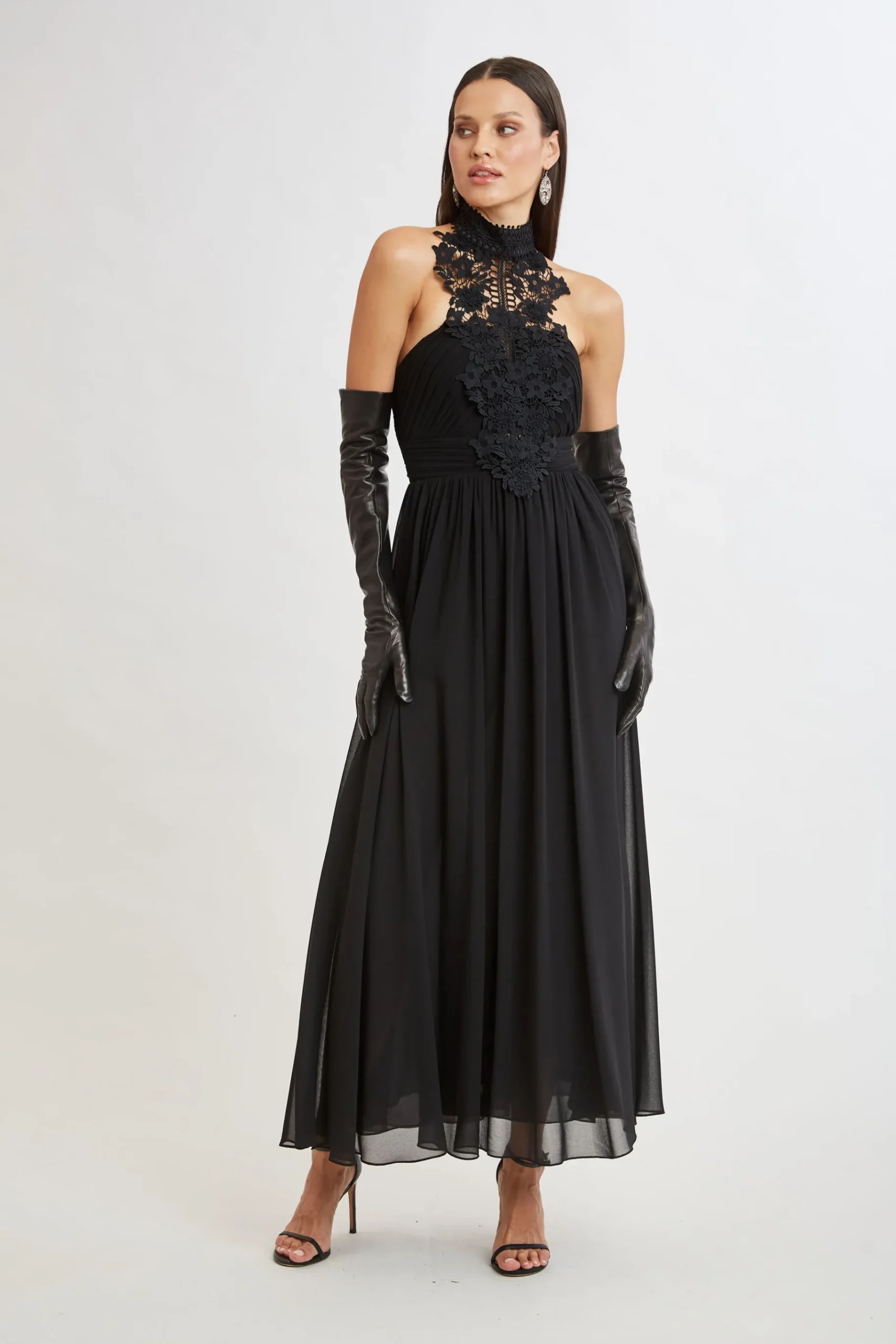 Elie Tahari Lace Applique Chiffon Halter Gown- Dresses & Jumpsuits|Sleeveless Dresses