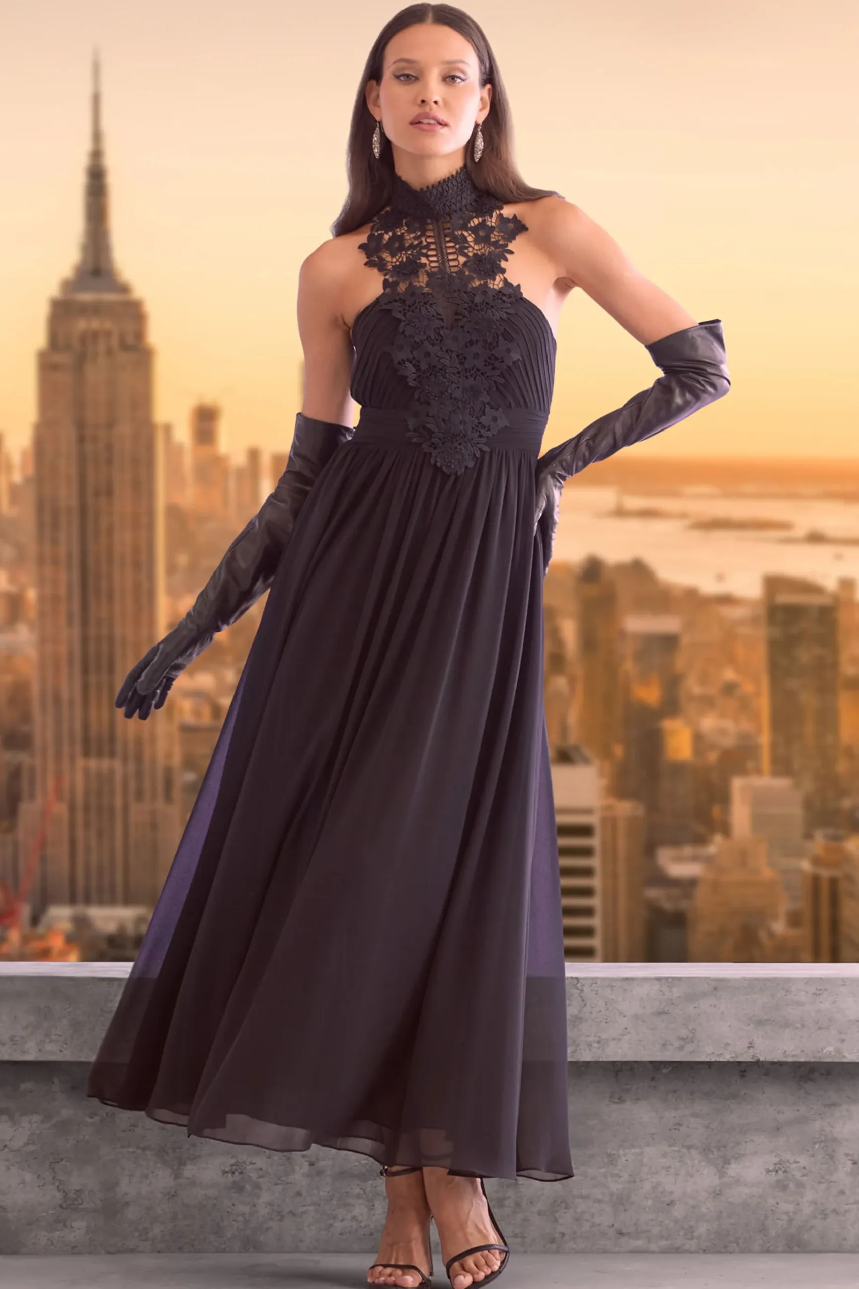 Elie Tahari Lace Applique Chiffon Halter Gown- Dresses & Jumpsuits|Sleeveless Dresses