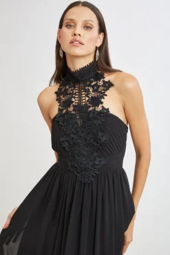 Elie Tahari Lace Applique Chiffon Halter Gown- Dresses & Jumpsuits|Sleeveless Dresses