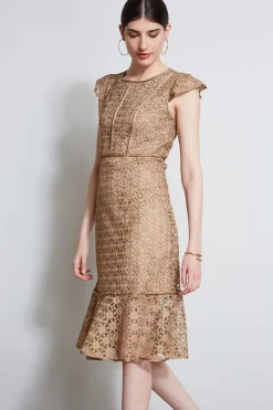 Elie Tahari Lace Flutter Sleeve Dress- Dresses & Jumpsuits|Midi Dresses