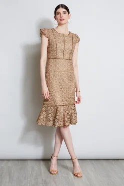 Elie Tahari Lace Flutter Sleeve Dress- Dresses & Jumpsuits|Midi Dresses