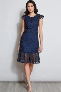 Elie Tahari Lace Flutter Sleeve Dress- Dresses & Jumpsuits|Midi Dresses
