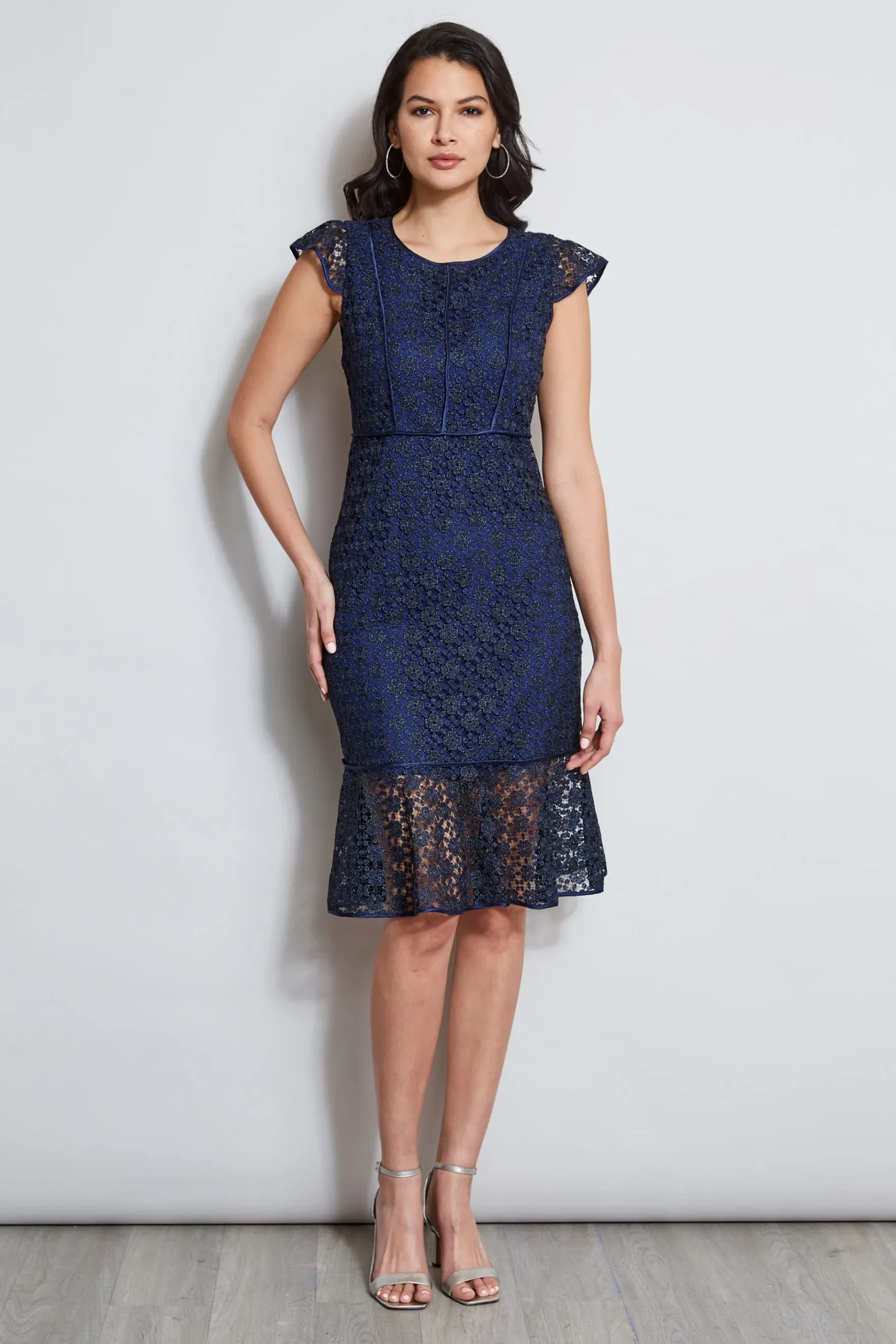 Elie Tahari Lace Flutter Sleeve Dress- Dresses & Jumpsuits|Midi Dresses
