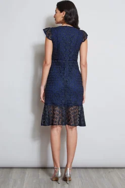 Elie Tahari Lace Flutter Sleeve Dress- Dresses & Jumpsuits|Midi Dresses
