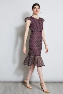 Elie Tahari Lace Flutter Sleeve Dress- Dresses & Jumpsuits|Midi Dresses