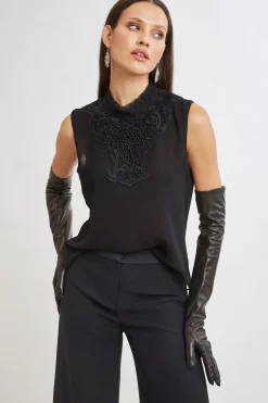 Elie Tahari Lace Insert Crinkle Silk Chiffon Shirt- Tops & Sweaters