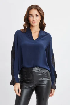 Elie Tahari Lace Sleeve Silk Shirt- Tops & Sweaters
