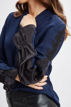 Elie Tahari Lace Sleeve Silk Shirt- Tops & Sweaters