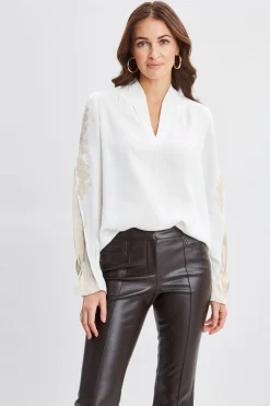 Elie Tahari Lace Sleeve Silk Shirt- Tops & Sweaters