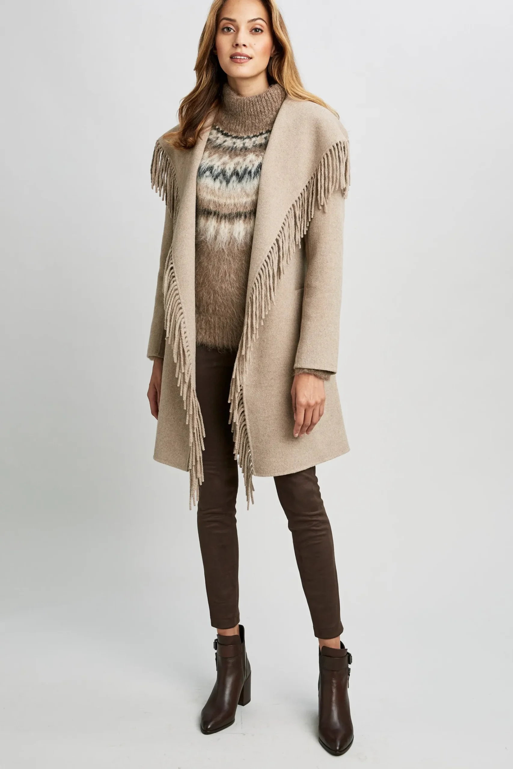 Elie Tahari Long Sleeve Fringe Detail Wrap Coat- Coats
