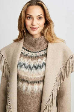 Elie Tahari Long Sleeve Fringe Detail Wrap Coat- Coats