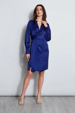Elie Tahari Long Sleeve Satin Wrap Dress- Dresses & Jumpsuits|Short Sleeve Dresses