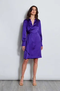 Elie Tahari Long Sleeve Satin Wrap Dress- Dresses & Jumpsuits|Long Sleeve Dresses