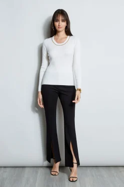 Elie Tahari Merino Rib Chain Detail Sweater- Tops & Sweaters