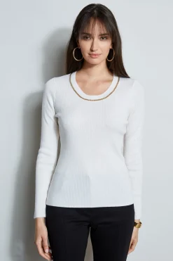 Elie Tahari Merino Rib Chain Detail Sweater- Tops & Sweaters