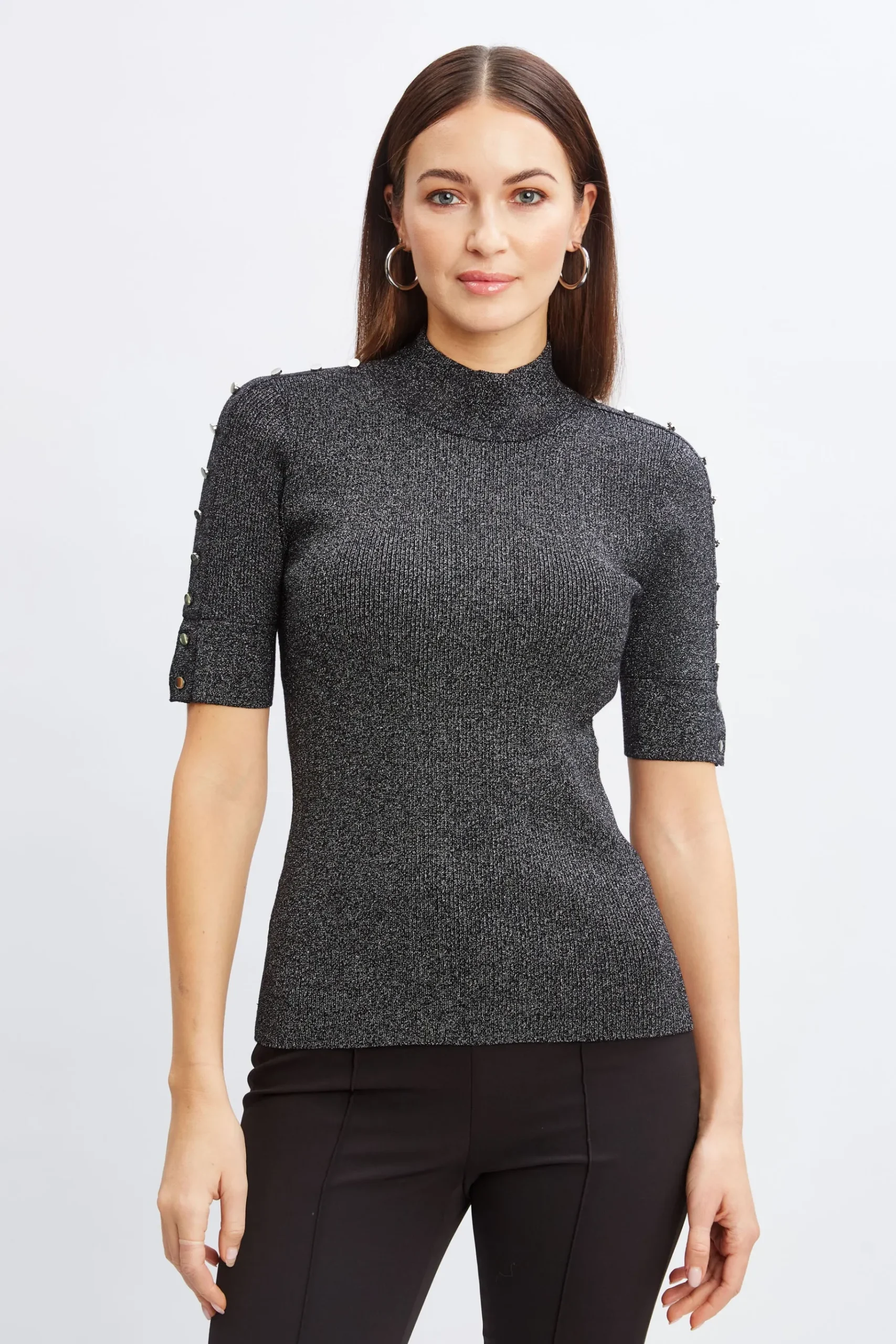 Elie Tahari Metallic Mock Neck Short Sleeve Sweater- Tops & Sweaters