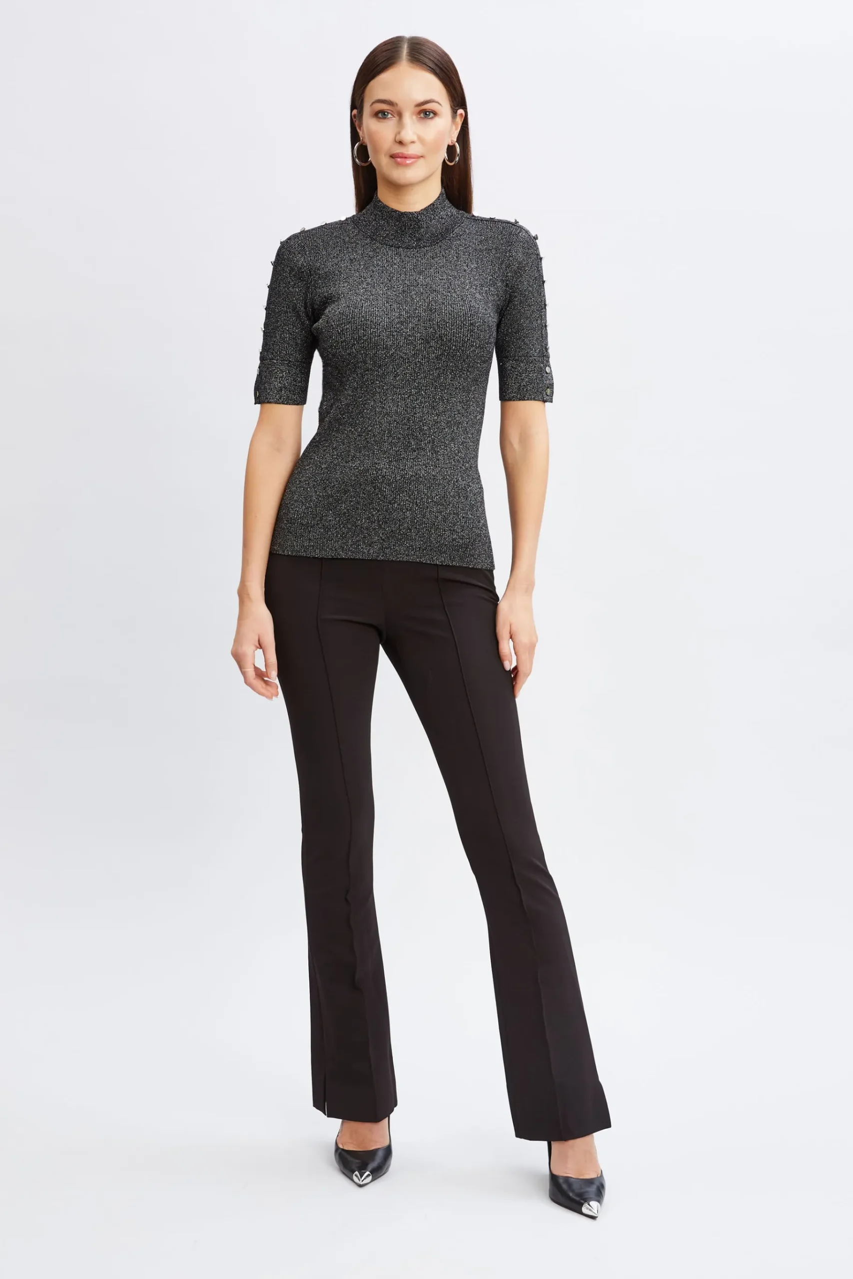 Elie Tahari Metallic Mock Neck Short Sleeve Sweater- Tops & Sweaters