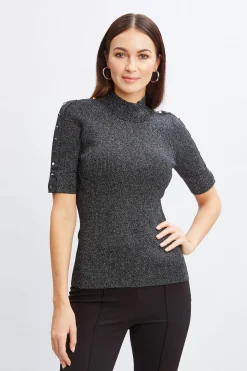 Elie Tahari Metallic Mock Neck Short Sleeve Sweater- Tops & Sweaters